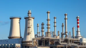 California oil refinery industrial facility with cooling towers and processing equipment against blue sky, showing modern energy infrastructure complexity