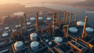 Photorealistic aerial view of massive industrial oil refinery complex with multiple tall distillation towers, storage tanks, and pipeline networks during golden hour lighting, showing the scale of fuel production infrastructure