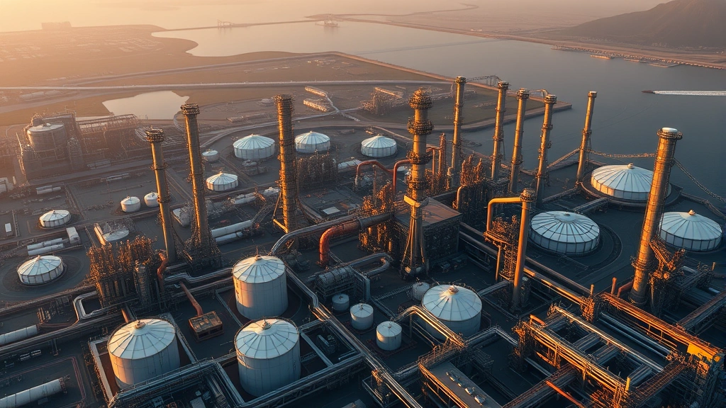 Photorealistic aerial view of massive industrial oil refinery complex with multiple tall distillation towers, storage tanks, and pipeline networks during golden hour lighting, showing the scale of fuel production infrastructure