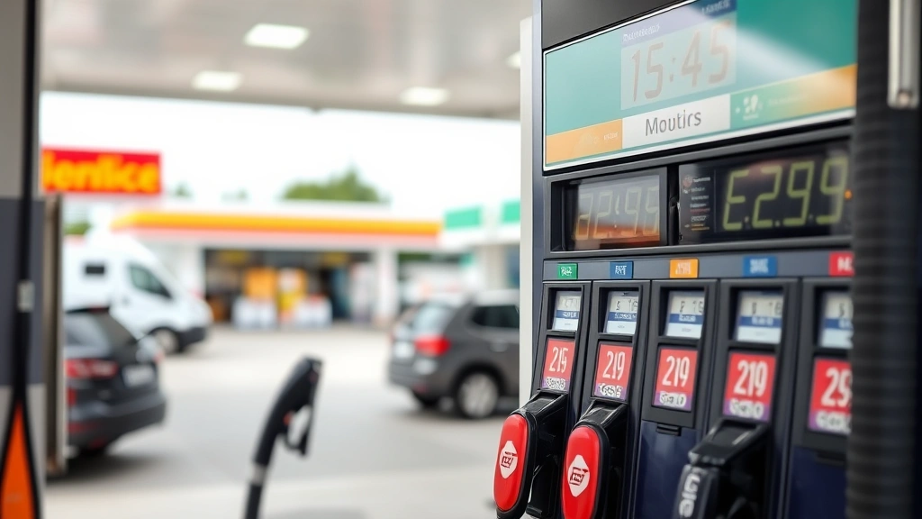 Realistic photo of diverse gas pump displays at a busy service station showing different fuel grades and prices, with blurred background of convenience store and parked vehicles, capturing everyday fuel purchasing