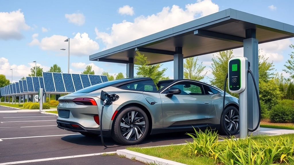 Photorealistic image of electric vehicle charging at modern charging station with solar panels and green landscaping visible, representing sustainable transportation alternatives to gasoline consumption