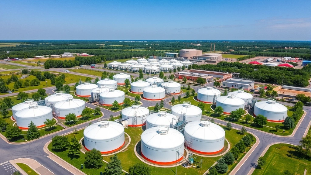 Aerial view of modern LPG storage facility with multiple cylindrical tanks arranged in rows, surrounded by green landscaping and trees, clear blue sky, industrial but well-maintained appearance