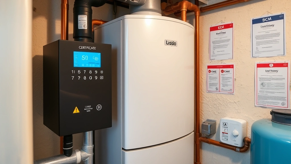 Close-up of high-efficiency LPG boiler system with digital controls and copper piping in a residential basement, modern equipment with safety certifications visible on wall