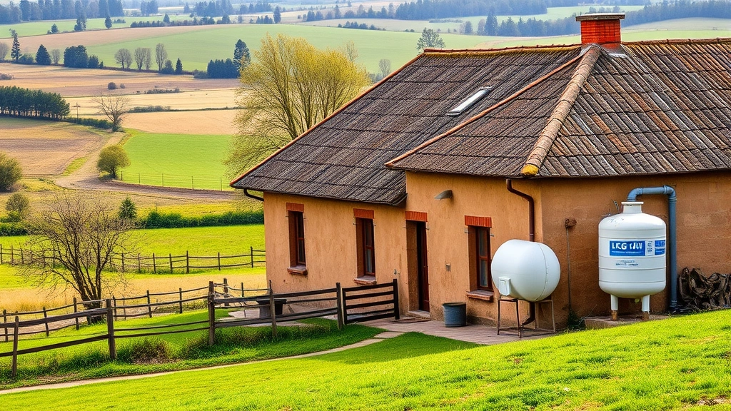 Rural farmhouse with LPG tank installation beside building, pastoral landscape with fields and trees in background, showing practical LPG application in countryside setting