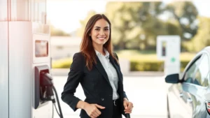 Woman at modern gas station pump in bright daylight, eco-friendly electric vehicle charging station visible in background, clean contemporary fuel station setting, professional attire