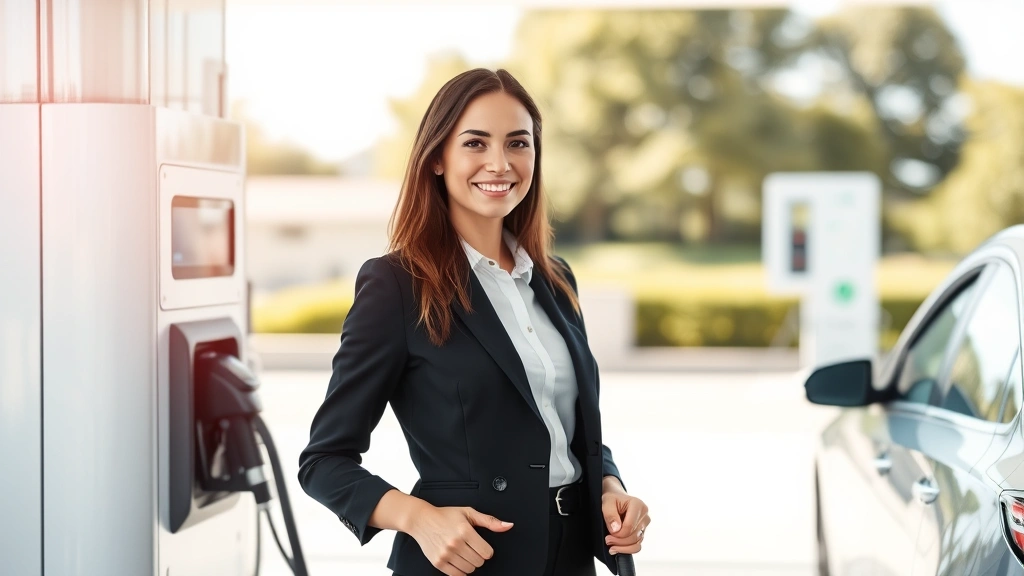 Woman at modern gas station pump in bright daylight, eco-friendly electric vehicle charging station visible in background, clean contemporary fuel station setting, professional attire
