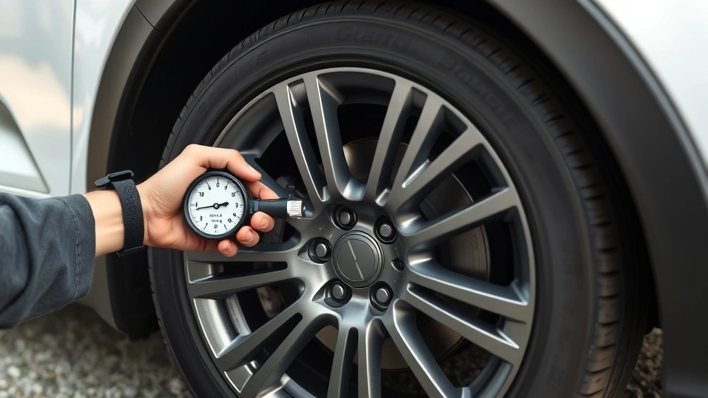 Hands adjusting car tire pressure gauge on modern vehicle wheel, proper maintenance focus, outdoor daylight, clear visibility of tire and gauge