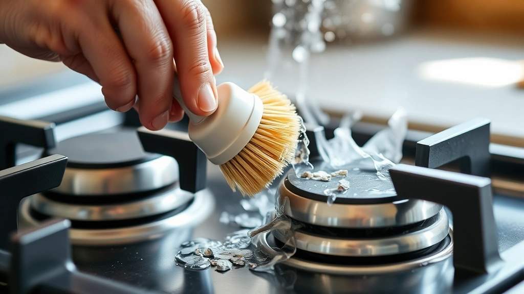 Close-up of hands carefully cleaning gas burner ports with a soft brush and soapy water, showing detailed debris removal from metal burner components in natural kitchen light