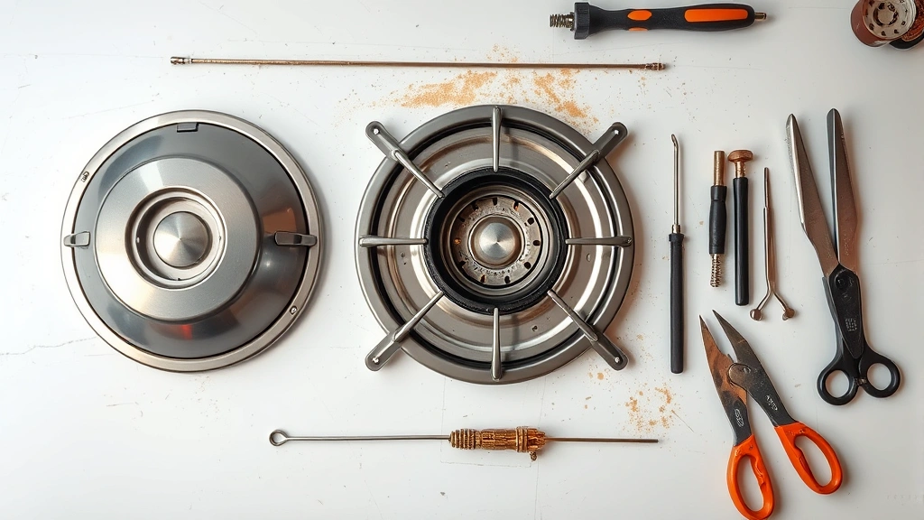 Overhead view of a disassembled gas range burner showing cap, grate, and electrode components laid out neatly on a clean work surface with maintenance tools nearby