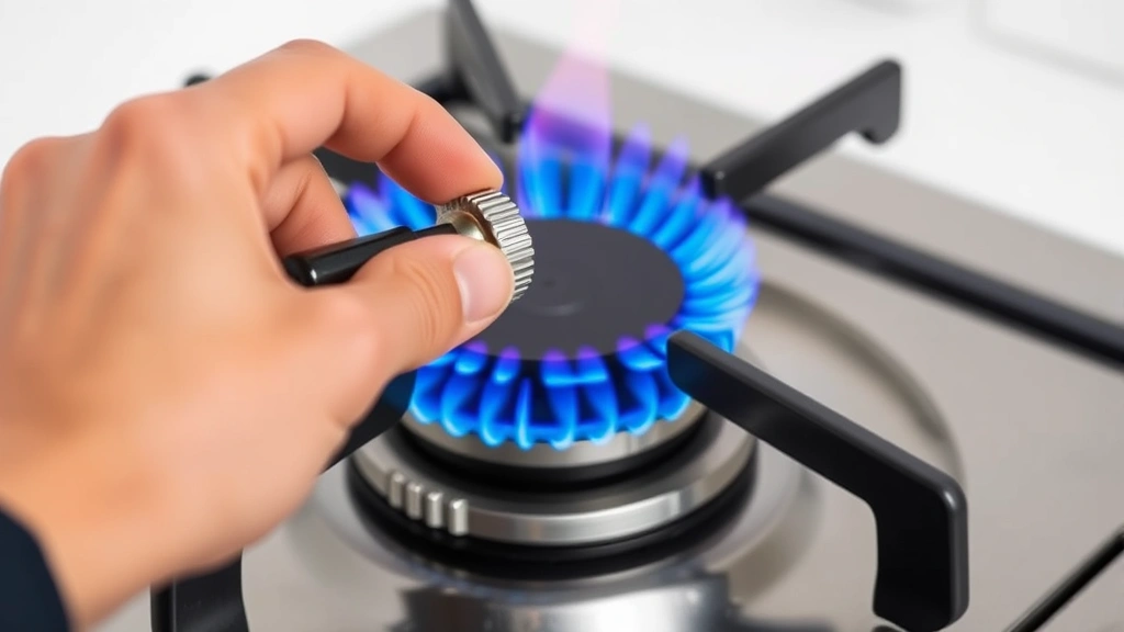 Hands adjusting the air shutter on a gas burner base with a screwdriver, demonstrating proper technique for flame optimization with blue flames visible