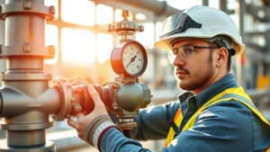 Professional technician installing modern eco-friendly gas regulator on industrial pipeline, wearing safety equipment, showing precision engineering components and sustainable materials in bright natural light