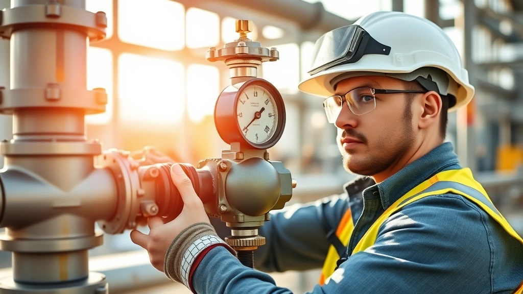 Professional technician installing modern eco-friendly gas regulator on industrial pipeline, wearing safety equipment, showing precision engineering components and sustainable materials in bright natural light