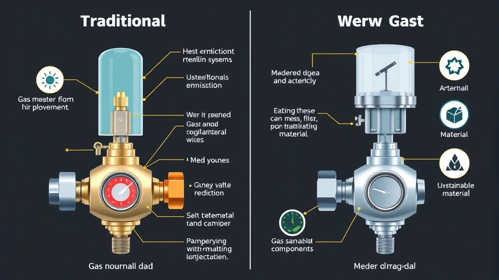 Comparison visualization showing traditional versus modern gas regulator systems with highlighted emission points, efficiency improvements, and sustainable material components in technical illustration style