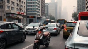 Urban street scene showing rush hour traffic with a gas-powered scooter prominently featured among cars and buses, visible exhaust fumes rising into the polluted city air with gray smog visible against buildings