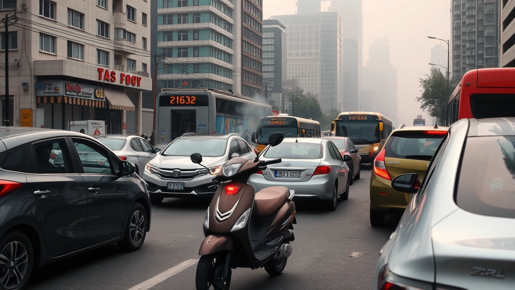 Urban street scene showing rush hour traffic with a gas-powered scooter prominently featured among cars and buses, visible exhaust fumes rising into the polluted city air with gray smog visible against buildings