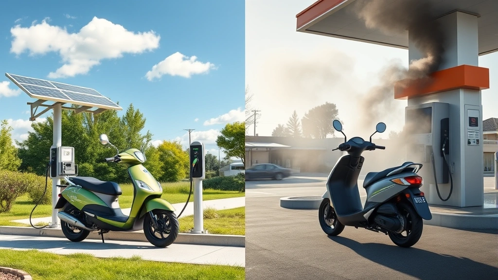 Side-by-side comparison visualization: electric scooter charging at a solar-powered station on the left with clean air and green surroundings, gas scooter being refueled at a gas station on the right with visible pollution and dark exhaust