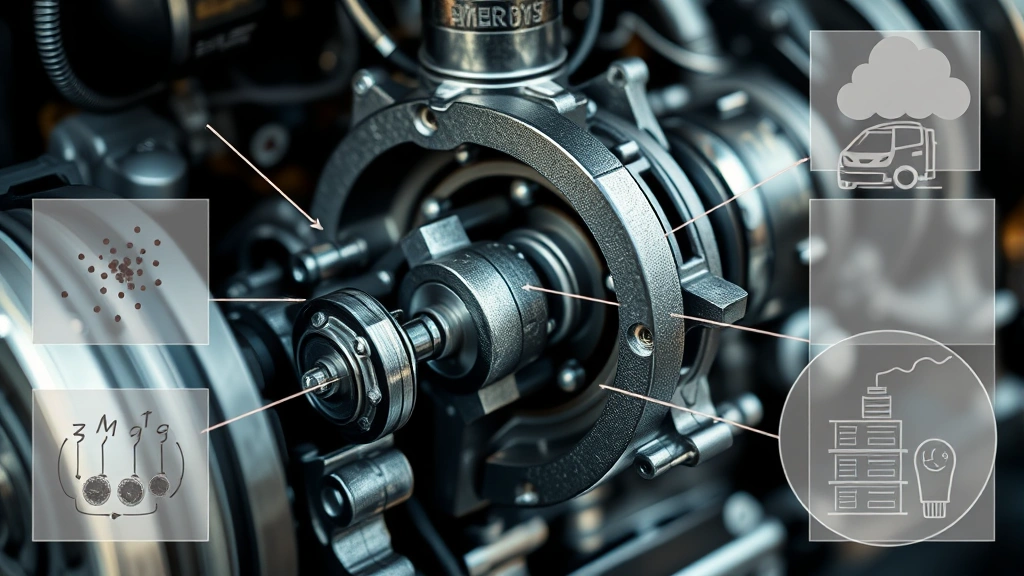 Close-up of an internal combustion engine component showing combustion chamber and pistons, illustrating mechanical complexity, surrounded by technical diagrams showing emissions particles and pollutants being released into the atmosphere