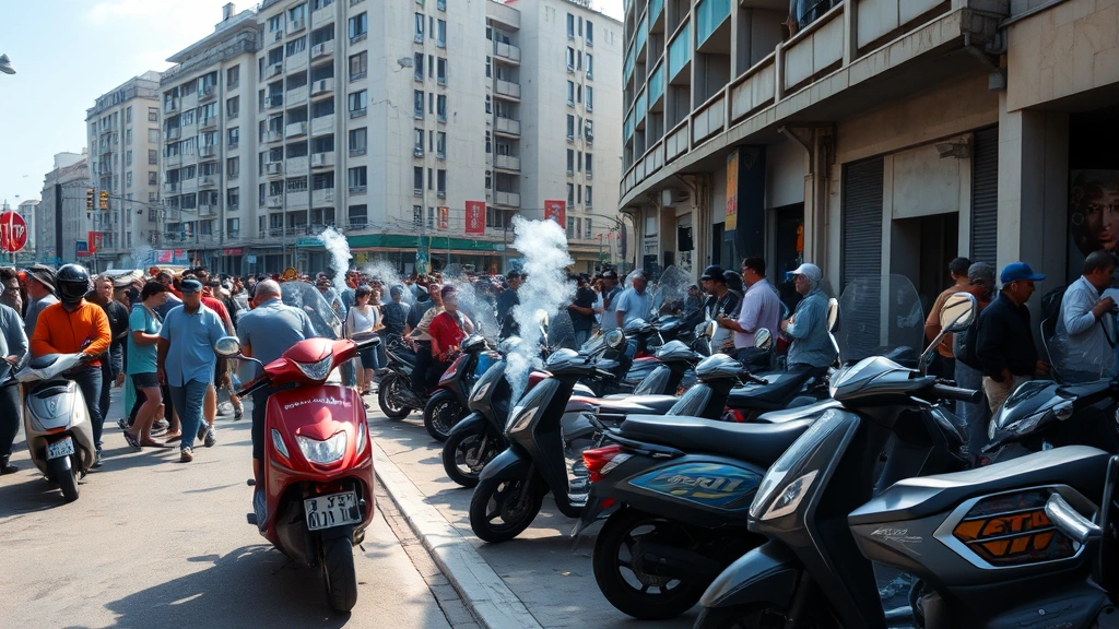 Crowded urban street with multiple gas-powered scooters parked along sidewalk, exhaust visible in air, concrete buildings in background, midday lighting