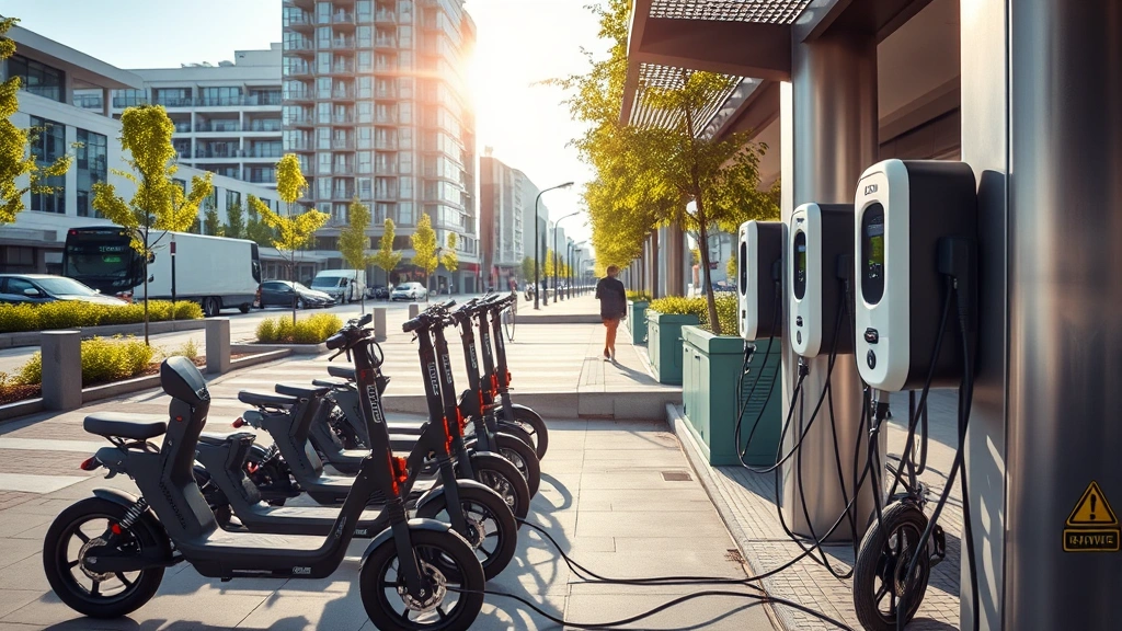 Electric scooter charging station with multiple vehicles plugged in during sunny afternoon, modern urban setting with green infrastructure, clean environment