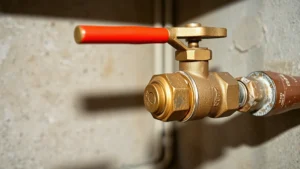 Close-up of a brass ball valve handle on a residential gas line, showing the lever in the open position parallel to the pipe, modern basement setting with concrete walls