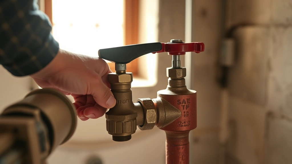 Hands wearing work gloves carefully rotating a gas shut off valve handle to the perpendicular closed position, daylight streaming through basement window