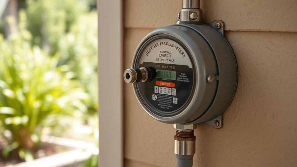 Residential gas meter mounted on exterior home wall with visible shut off valve and connection points, green landscaping visible in background, clear daytime lighting