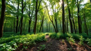Lush green forest ecosystem with clean soil, morning sunlight filtering through canopy, showing healthy biodiversity and undamaged natural environment, photorealistic nature photography