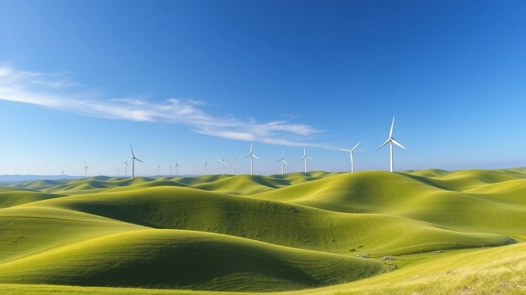 Clean air quality visualization showing blue sky with green rolling hills, wind turbines in distance, sustainable energy landscape, photorealistic environmental prosperity