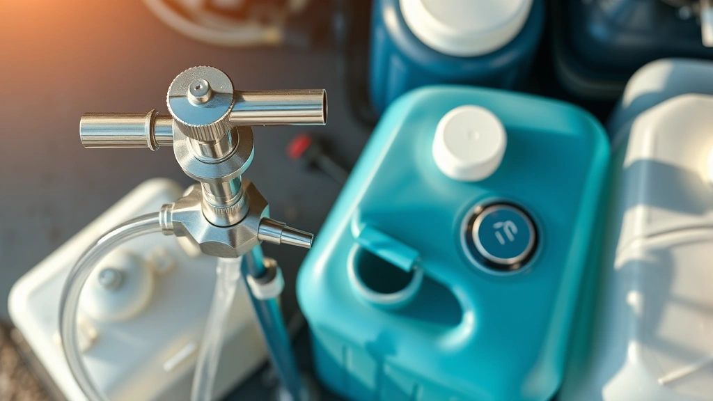Overhead view of stainless steel manual siphon pump with transparent tubing next to clean plastic fuel containers in outdoor garage setting with natural morning light
