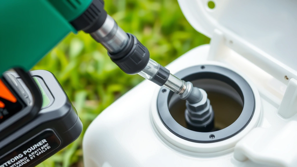 Close-up of battery-powered electric siphon pump nozzle inserting into fuel container opening with one-way valve mechanism visible and green grass background
