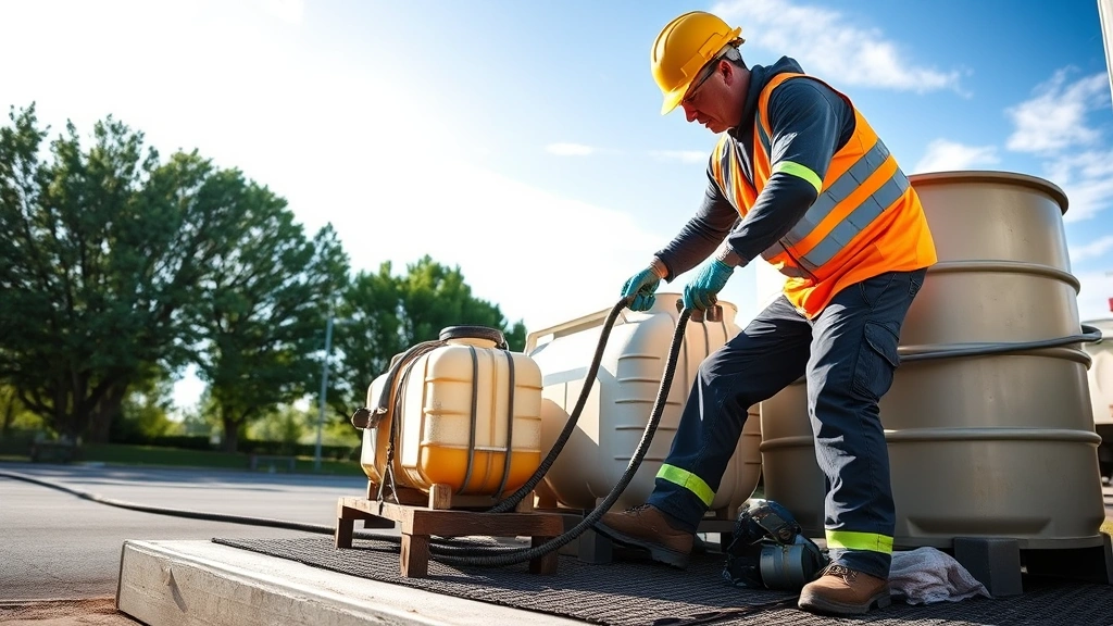 Professional worker transferring fuel between containers using safety equipment including grounding strap and absorbent containment pad with trees and blue sky visible