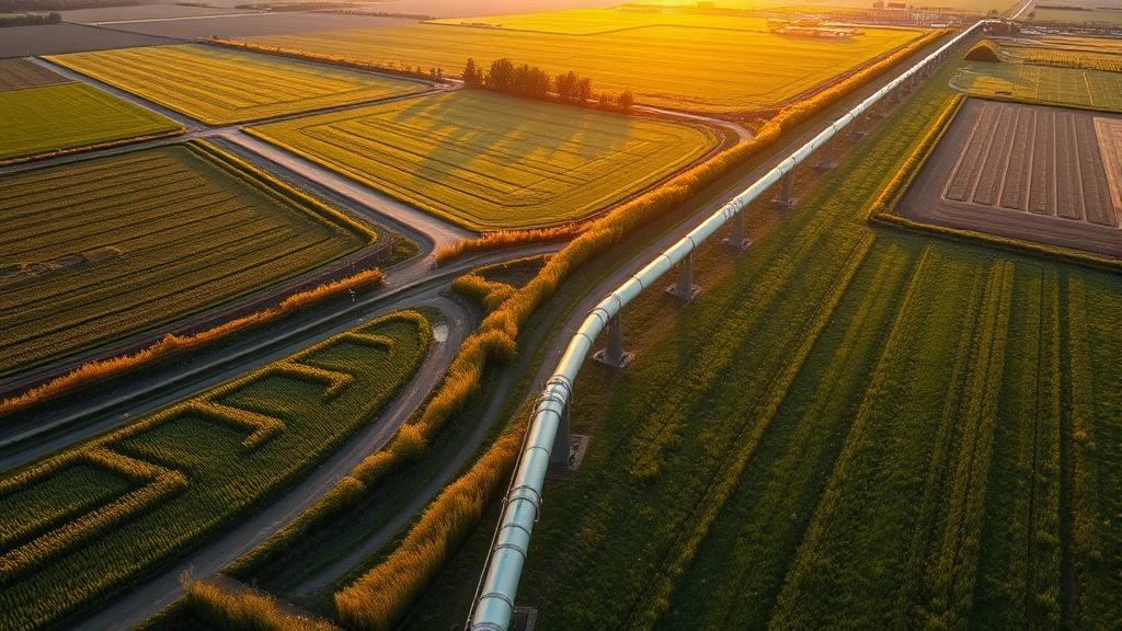 Aerial view of natural gas pipeline infrastructure running through rural landscape with green fields, morning sunlight, environmental monitoring perspective