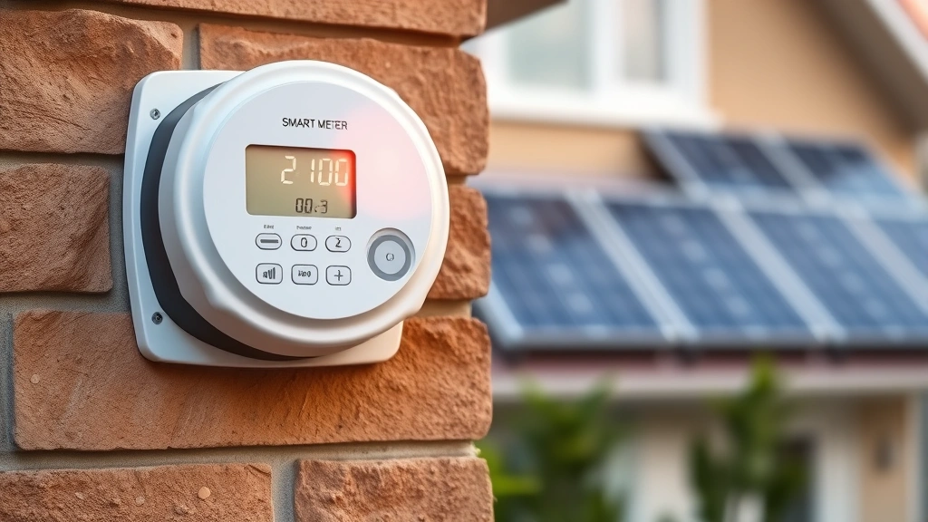 Modern smart meter device on residential home exterior wall, showing digital display, with solar panels visible in background, sustainable home energy monitoring