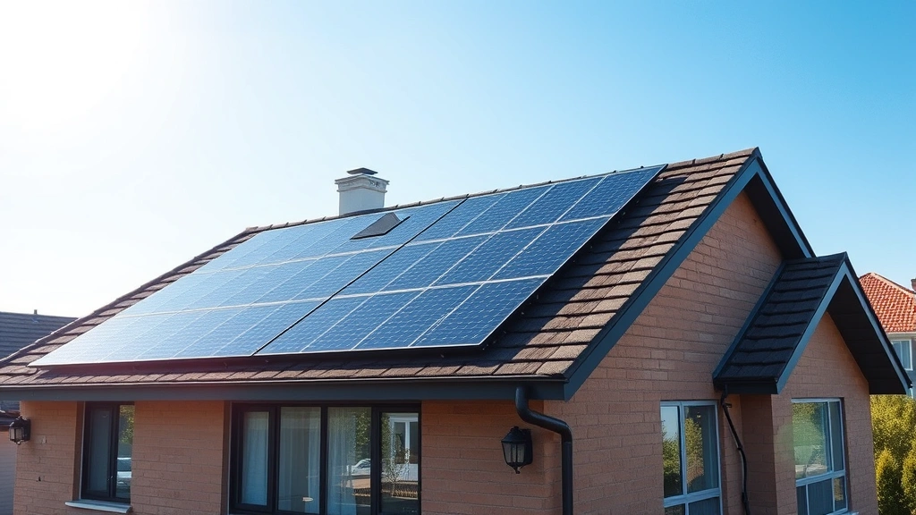 Residential rooftop with modern solar panels installed, bright sunlight reflection, suburban home setting, clear blue sky, photorealistic clean energy generation