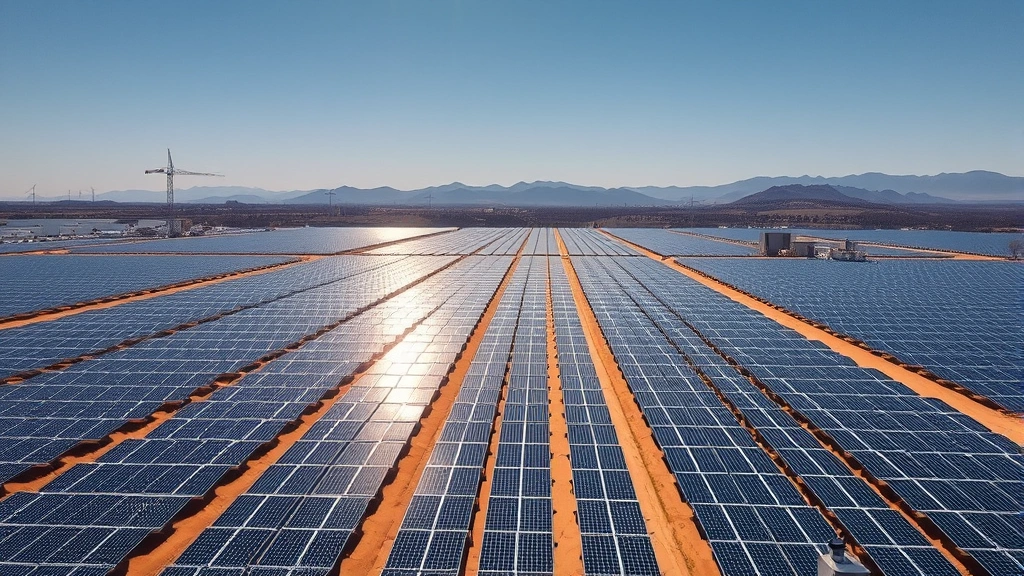 Aerial view of large-scale solar panel field stretching across landscape with mountains in distance, rows of panels glistening under sunlight, renewable energy farm