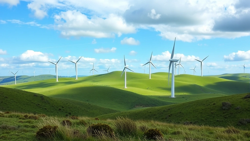 Multiple wind turbines positioned across rolling green hills and grassland under partly cloudy sky, sustainable electricity generation, landscape-scale renewable energy