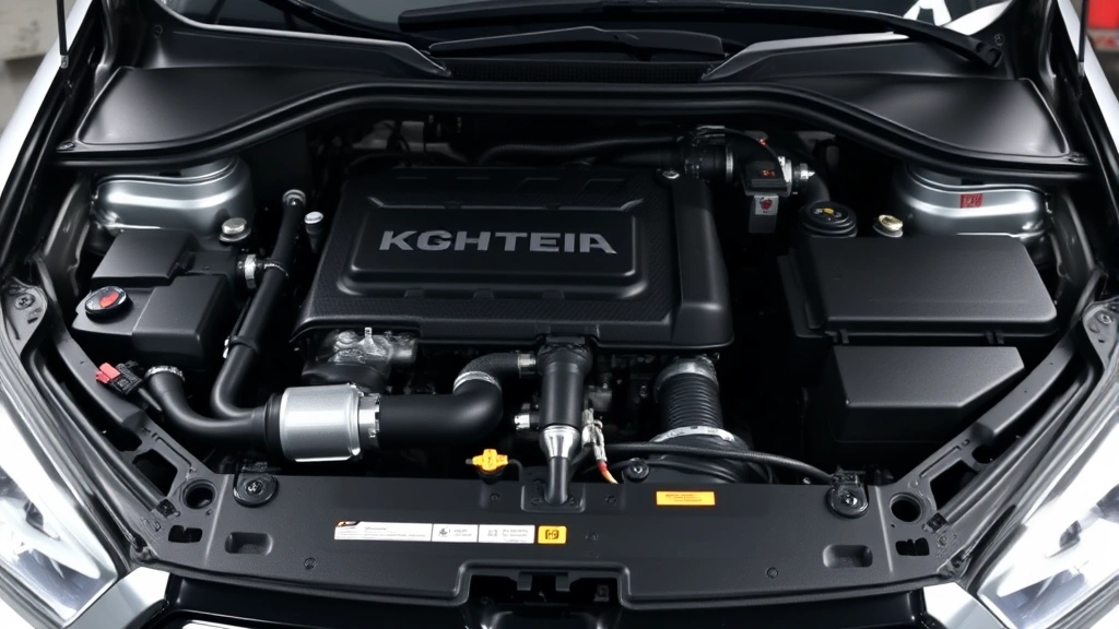 Photorealistic image of a modern car engine compartment with fuel injector visible, clean metal surfaces, professional automotive workshop lighting, no text or labels