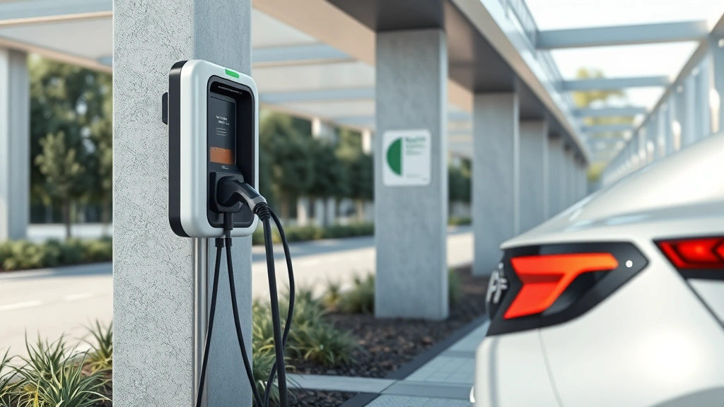 Photorealistic image of electric vehicle charging station with cable connected to vehicle, modern sustainable infrastructure, clean minimalist design, natural daylight, no signage