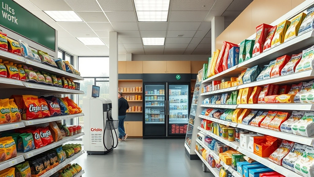 Wide shot of modern gas station convenience store interior with biodegradable candy wrappers and compostable packaging displayed on shelves, natural lighting, photorealistic