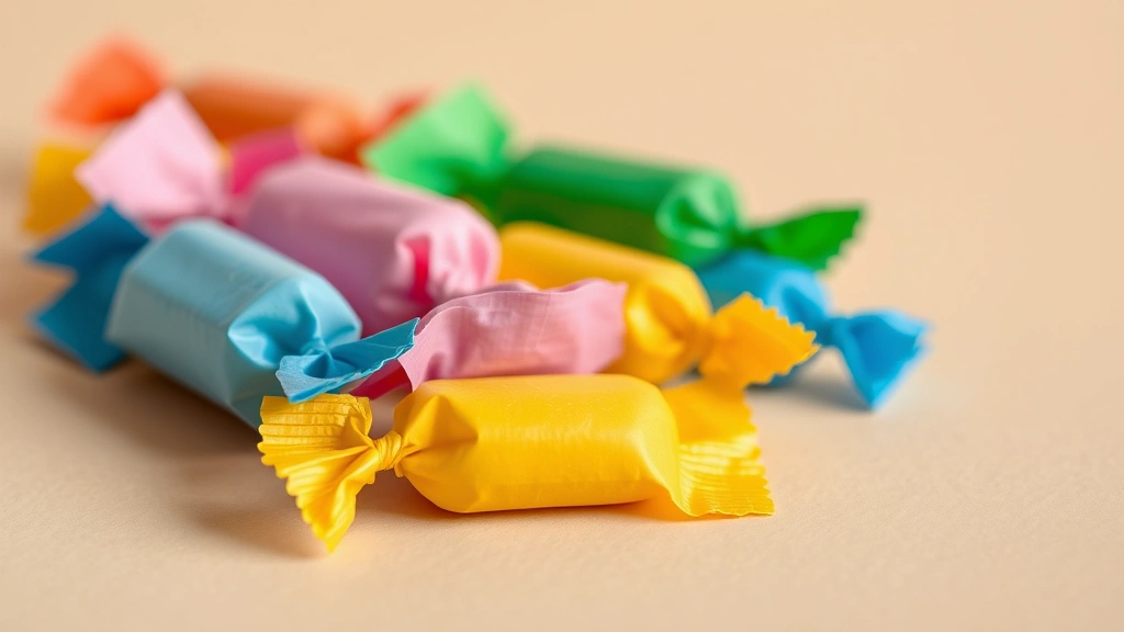 Close-up of plant-based PLA candy wrapper material in various colors showing texture and detail, photographed against neutral background with subtle sustainability symbolism