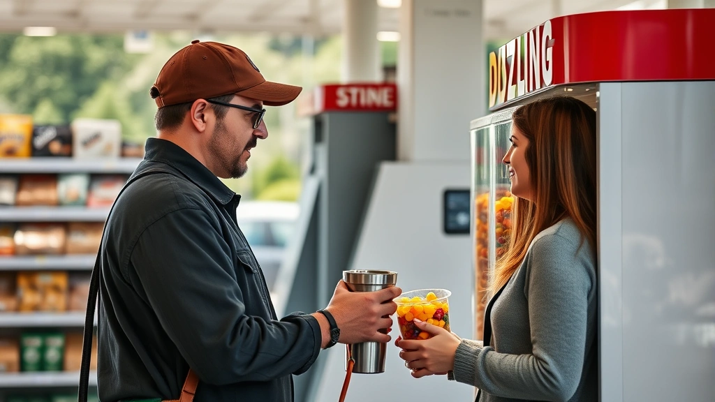 Gas station attendant or customer selecting items from bulk candy dispenser with reusable container, natural lighting capturing sustainable shopping experience in convenience retail