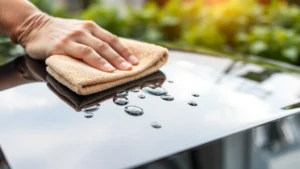 Close-up of microfiber cloth gently wiping water droplets from glossy black car hood, showing reflection of natural light, professional detailing environment with blurred green landscaping background, sustainable car care concept