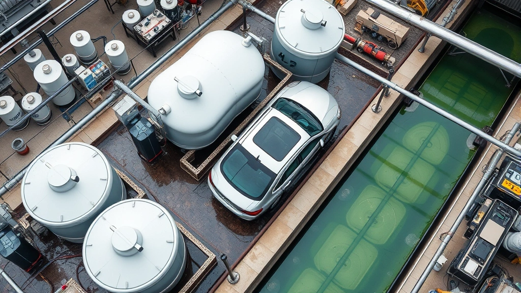 Aerial view of car wash facility with visible water recirculation system tanks, filtration equipment, and drainage channels, modern sustainable infrastructure, industrial sustainability technology, clean organized workspace