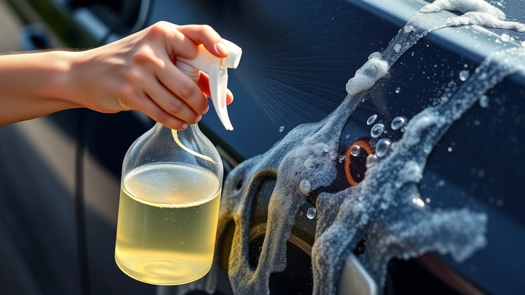 Hand applying biodegradable plant-based car wash solution from spray bottle onto vehicle surface, natural lighting showing soap bubbles and foam, eco-friendly cleaning product, sustainable automotive maintenance practice, clear liquid formulation visible