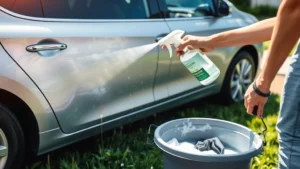A person using a spray bottle with biodegradable eco-friendly car wash solution on a silver sedan parked on green grass, with a bucket of soapy water and microfiber cloths visible nearby, natural sunlight, peaceful residential setting