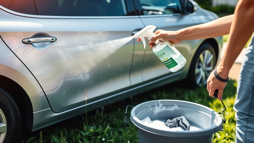 A person using a spray bottle with biodegradable eco-friendly car wash solution on a silver sedan parked on green grass, with a bucket of soapy water and microfiber cloths visible nearby, natural sunlight, peaceful residential setting