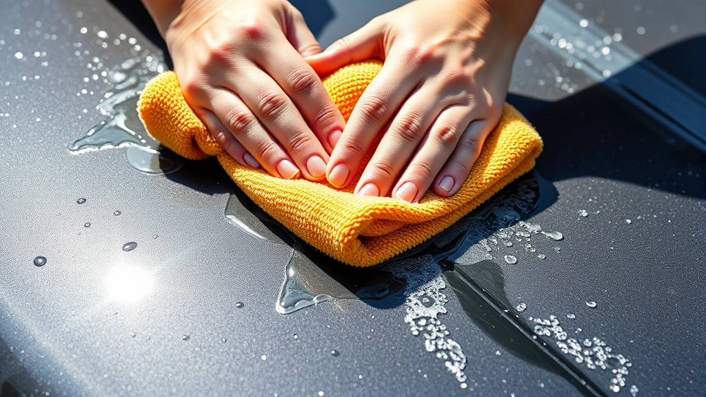 Close-up of hands holding a soft microfiber towel buffing a clean car's hood with waterless car wash product residue, showing gentle circular motions, water droplets catching sunlight, professional detailing technique