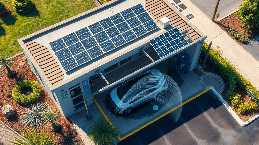 An aerial view of a modern sustainable car wash facility with solar panels on the roof, water recirculation system visible, electric vehicle being washed with low-water spray system, eco-friendly landscaping surroundings