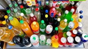 Overhead view of diverse beverage bottles and cans arranged on a gas station convenience store shelf, showing plastic bottles, aluminum cans, and glass containers with condensation, natural lighting from store windows, sustainable retail environment