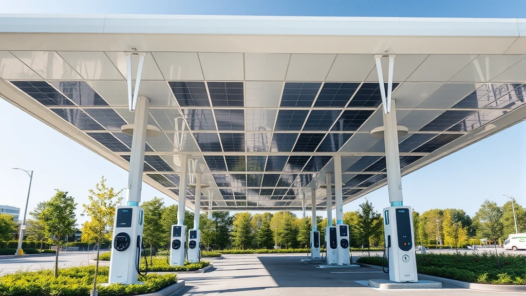 Modern gas station with gleaming white canopy featuring integrated solar panels, multiple EV charging stations with blue illuminated connectors in foreground, lush green landscaping, zero customers visible, bright daylight, professional architectural photography
